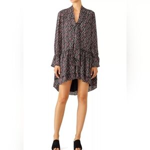 JOIE Dress 100% Silk Med Shift High Low Bow Tie Neck Peasant Long Sl Tiny Floral